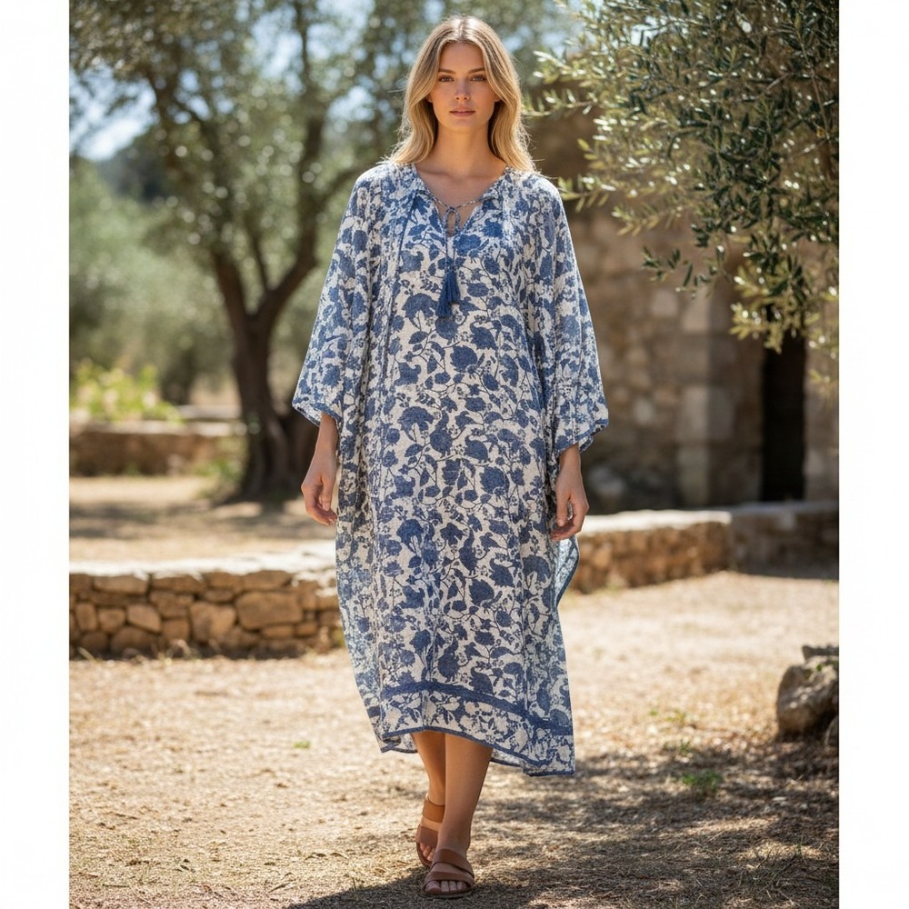 STUDIO PARK x Amy Stran Dress Womens 4X Blue Textured Cotton Boho Breathable